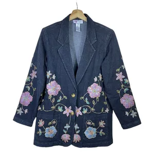 Vtg Maggie Sweet‎ Jean Blazer Jacket Women M Black Floral Embroidered Sequin Art thumbnail 1
