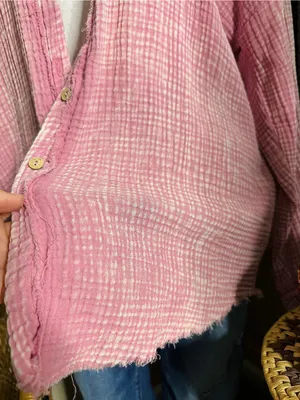 Zenana Pink Double Gauze Waffle Raw Hem Button Up Shirt thumbnail 6