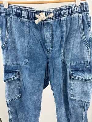 GAP Easy Jean pull on Light Blue Washed Denim Cargo Joggers tapered L drawstring thumbnail 6