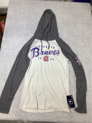 Majestic Atlanta Braves Hoodie Womens Medium Gray White Raglan‎ MLB Shirt… thumbnail 1