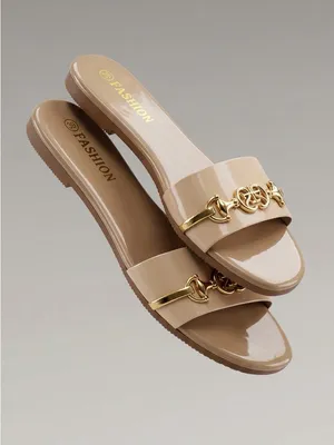 Women's Beige Slide Sandals with Gold Accent thumbnail 2