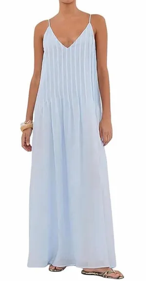 NEW Blue Cotton Pleated Spaghetti Strap Vacation Maxi Dress M thumbnail 1
