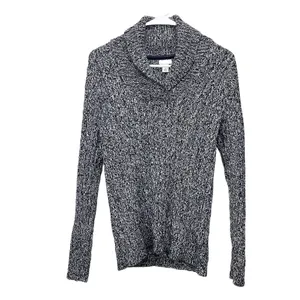 LL Bean Black Marled Pullover Cable V Neck Shawl Collar Cotton‎ Sweater SMALL thumbnail 2