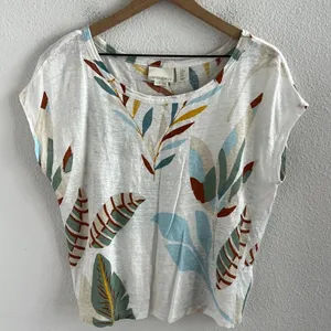 Cynthia Rowley 100% Linen Boxy Leaf Print Top Blouse Medium thumbnail 1