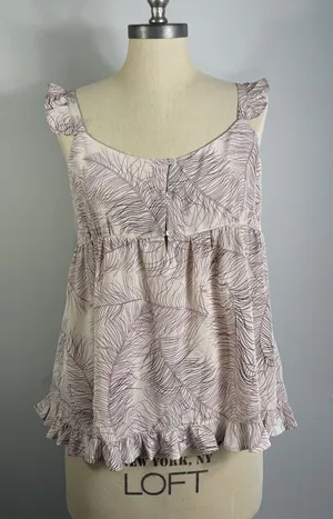 Joie Women M Silk Baby Doll Tank Top Pink Feather Print Cami 1/4 Buttons Ruffles thumbnail 1