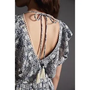 Anthropologie V-neck Plunge Tunic Mini Dress Women’s Small Floral Blue‎ White thumbnail 4