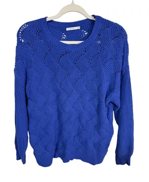 Staccato M Blue Crochet Knit Sweater‎ Women's Long Sleeve Pointelle Boho thumbnail 1