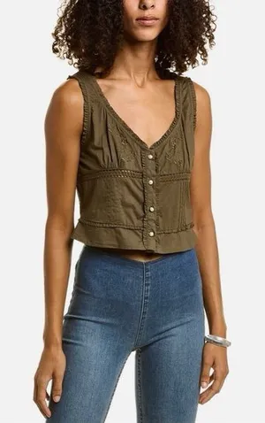 Free People Olive Green V-Neck Button Crop Top thumbnail 1