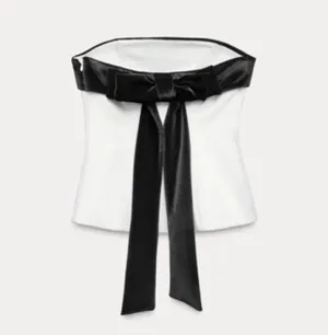 ZARA Strapless Bow Tube White Top Black Velvet thumbnail 4