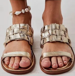 Free people Winding river slip-on flat quilted woven sandals in gold Sz 36.5 thumbnail 1