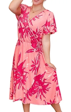 Sew in Love Tropical print faux wrap dress Coral and Pink size Large thumbnail 1