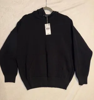 Mango MNG Black Knit Hoodie‎ Oversized minimalist Sweater kangaroo pocket NWT thumbnail 1