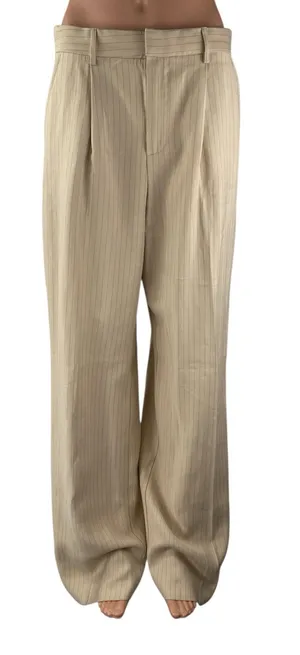 Mango MNG Women's Beige Striped Pleated High Rise Wide Leg Trouser Dress Pants 6 thumbnail 1