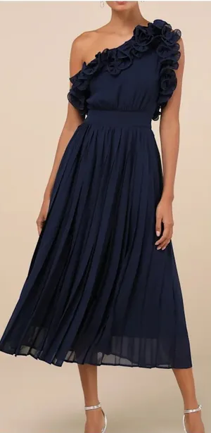 Lulus NWOT Splendid Charisma Navy Ruffled Pleated One-Shoulder Midi Dress thumbnail 1