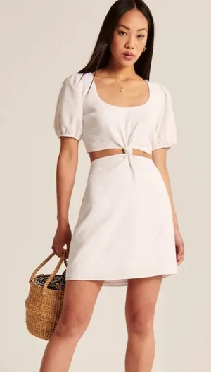 Abercrombie & Fitch Knotted Cutout Linen Blend Mini Dress in White Women’s Small thumbnail 1