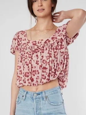 Free People Pink Leopard-Print Smocked Crop Top thumbnail 1