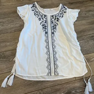 White Ruffle Scrunch Side Tie Tank Blouse Top Embroidered thumbnail 1