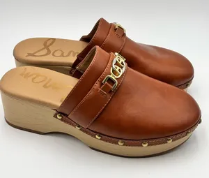 Sam Edelman Tan Leather Clog Mules with Gold Chain Accent Size 7.5 thumbnail 1