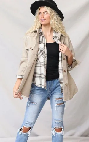 Love Tree Oatmeal Oversized Button Up Jacket thumbnail 2