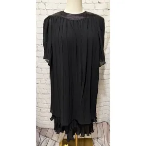 Vintage Black Pleated Dress Short Sleeves and Contrasting Layered Satin 11/12 thumbnail 2