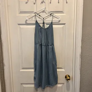 Maurices Light Wash Chambray‎ Halter Dress Beaded T-Back Empire Waist Blue Large thumbnail 3