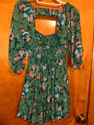 Free People Women's Green Floral Scoop-Neck Mini Dress with smocked bodice sz xs thumbnail 4