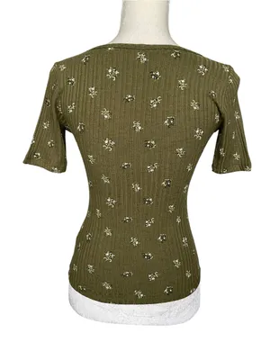 Old Navy Fitted Floral Top Women Size XS Elbow Sleeves Rib Knit Green thumbnail 4