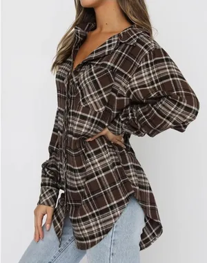 LaCozy Women’s Oversized Flannel Shirt in Brown Plaid thumbnail 1