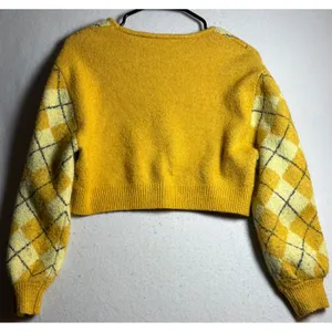 H&M Divided Yellow Argyle Cropped Cardigan Sweater XS V-Neck Puff Sleeve Knit thumbnail 3