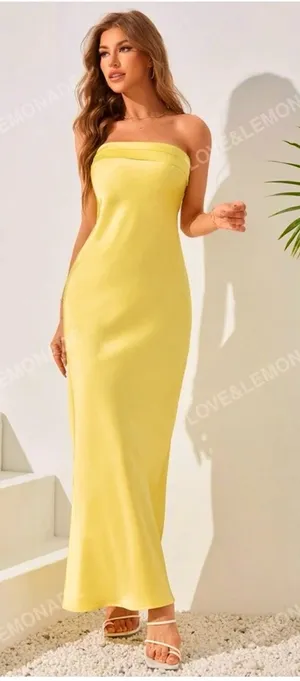 Love & Lemonade Yellow Satin Strapless Cowl Back Cutout Maxi Dress XL thumbnail 1