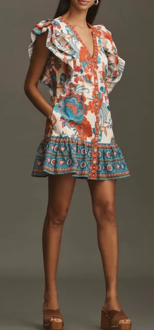 Farm Rio Ruffle-Sleeve Button Front Mini Dress, Size M thumbnail 1
