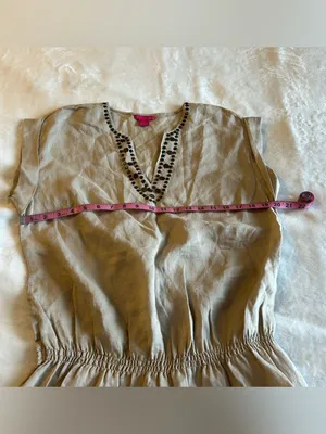 Sunny Leigh tan linen v-neck tunic drop waist peplum size L coastal boho casual thumbnail 7