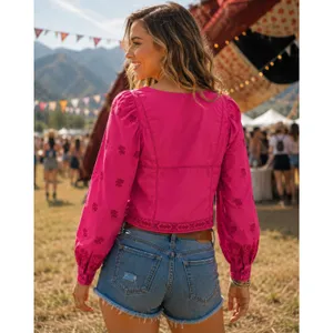 Aritzia WILFRED Palo Santo Blouse La Boheme Electron Fuchsia Embroidered XXS thumbnail 6