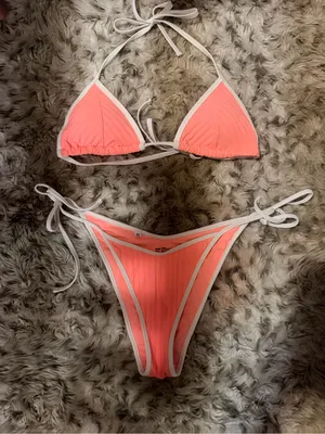Aerie Coral Ribbed Triangle Bikini with White Trim thumbnail 1