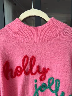 Holly Jolly Christmas sweater ribbed 3D tinsel wool blend mockneck thumbnail 7