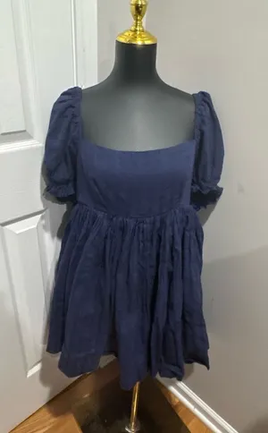 Lulus A Day In Paris Navy Blue Puff Sleeve Babydoll Dress L Cottagecore Cotton thumbnail 1