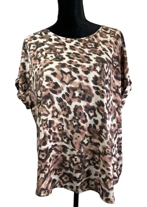 Maurices Womens Leopard Print Short‎ Sleeve Zipper Back Blouse Brown Size L thumbnail 1