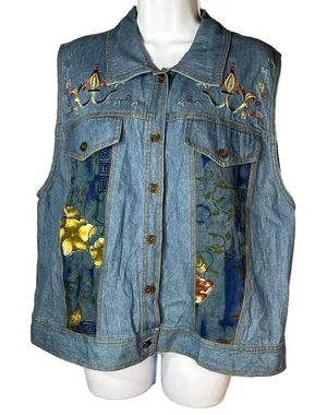 Vintage Saint Germain Paris Flower Print Denim Vest Size Large‎ thumbnail 1