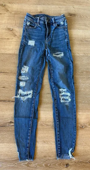 American Eagle Distressed Skinny Jeans with Frayed Hem thumbnail 1