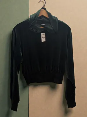 Express Velvet Cropped Hoodie Dark Green‎ Size XS thumbnail 1