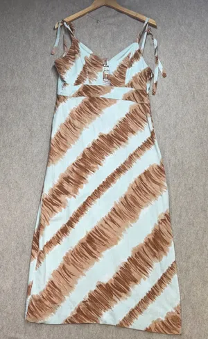 Moon‎ River Brown White Brushstroke Linen Blend Midi Dress Tie Strap Cutout Med thumbnail 1