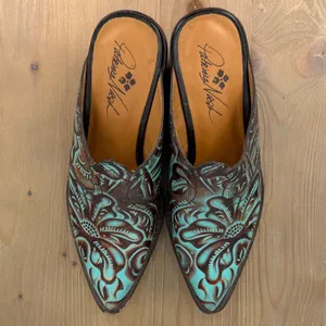 Patricia‎ Nash Turquoise Brown Tooling Leather Mule Pointed Toe Western Shoes 6 thumbnail 5
