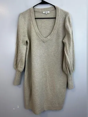 Madewell Wool Blend Oatmeal/Tan Balloon Sleeve V-neck Sweater Dress Size Large thumbnail 11