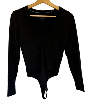 Good American v-neck long sleeved black bodysuit lace neckline‎ women's size L thumbnail 1