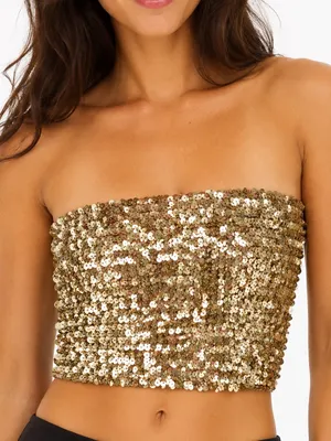 Gold Sequin Paillette Tube Top One Size S M Stretch Strapless Crop Party Y2K thumbnail 1
