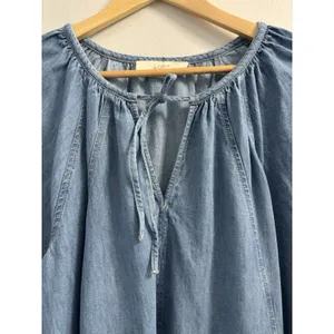 LOFT Women L Denim Chambray Tie Neck Wide Sleeve Tiered Drop Waist Dress Cotton thumbnail 11