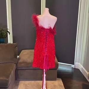 Women’s Pink Short Feather & Sequin One Shoulder Prom Party Dress Size 14 *READ thumbnail 6