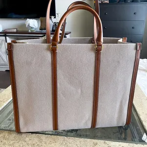 Tory Burch Bag Blake Canvas Jumbo Tote Leather Natural Classic Cuoio GUC thumbnail 7