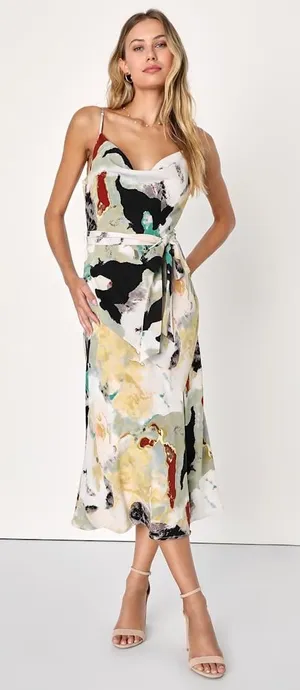 NWT Lulus Inspired Aura White Multi Abstract Print Cowl Midi Dress Gala Size S thumbnail 1