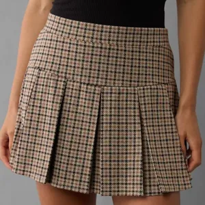 NWT American Eagle Plaid Pleated Low Rise Knit Skort Shorts Small Brown Tan NEW thumbnail 1